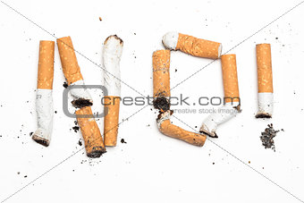 No with exclamation mark spelled out in cigarette butts