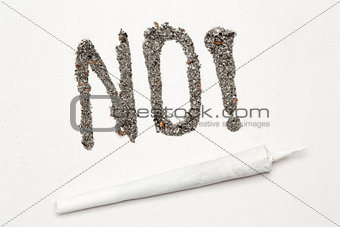 No with exclamation mark spelled out in ash with a joint