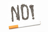 No with exclamation mark spelled out in ash with a joint with a cigarette