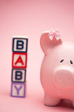 Piggy bank and blocks spelling baby