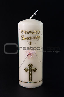 White christening candle with pink detail