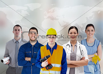 Five workers of different industries