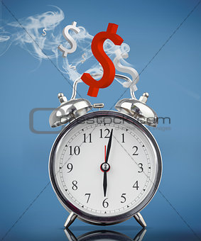 Smoking alarm clock with dollar signs