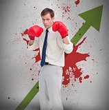 Businessman in boxing gloves against profit arrow and blood spatter