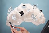 Businesswoman connecting phone to cloud computing for applications