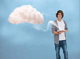 Young man connecting to cloud computing
