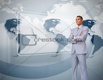 Businessman standing against world map interface