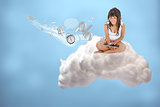 Happy girl connecting to cloud computing and accessing applications