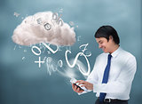 Happy businessman connecting to cloud computing