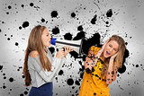 Girl shouting at friend through megaphone