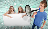 Pretty girls pointing to copy space with young man shouting through megaphone