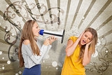 Girl shouting at another through a megaphone