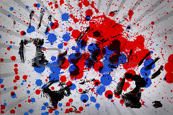 Blue and red paint splashes with black hand prints