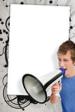 Young man shouting through megaphone in front of copy space