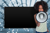 Girl with afro shouting through megaphone with copy space