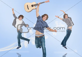 Three of the same teenage boy jumping for joy one holding a guitar