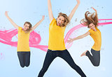 Three of the same young woman jumping for joy