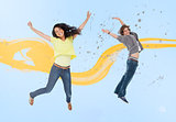 Attractive young man and woman jumping for joy