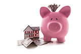 Piggy bank with dollars beside miniature house model