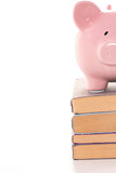 Piggy bank standing on stack of books