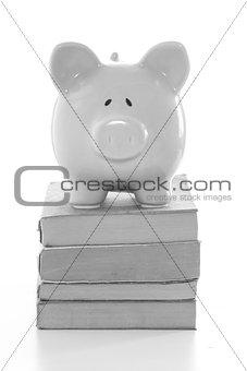 Piggy bank standing on stack of books in black and white