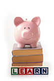 Piggy bank standing on stack of books with learn spelled out in blocks
