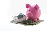 Piggy bank toy car and miniature home resting on pile of dollars