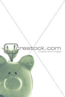 Dollar sticking out of green piggy bank