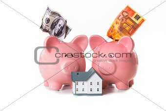 Dollar and euro notes sticking out of piggy banks with model home