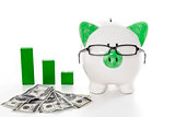 Piggy bank wearing glasses with dollars and green graph model