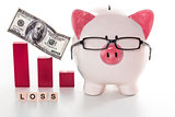 Piggy bank wearing glasses with loss message