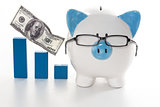 Blue and white piggy bank wearing glasses with blue graph model