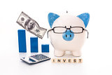 Blue and white piggy bank wearing glasses with invest message