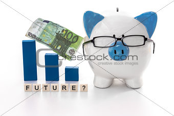 Blue and white piggy bank wearing glasses with future question