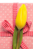 Yellow tulip on pink wrapped present