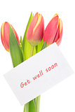 Pink and yellow tulips with get well soon greeting