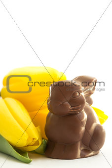 Chocolate bunny with yellow tulips