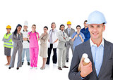 Architect standing in front of different types of workers