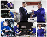 Collage of mechanics at work with happy customer