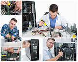 Collage of computer technician at work