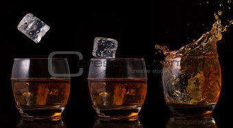 Serial arrangement of ice falling into whiskey glass