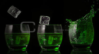 Serial arrangement of ice falling into glass of green liquid