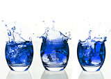 Serial arrangement of blue liquid splashing in tumbler