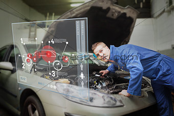 Mechanic with open hood consulting interface
