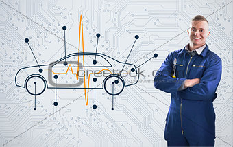 Mechanic standing proudly in front of a diagram car on background