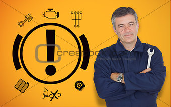 Mature mechanic standing next to car warning signals