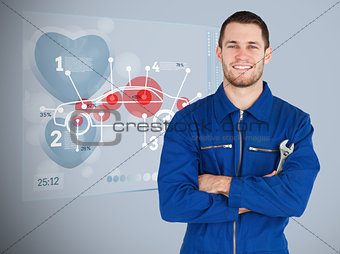 Portrait of a young mechanic next to futuristic interface
