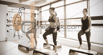 Women workout with orange interface showing them how to do