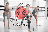 Women doing exercise with futuristic red interface demonstration