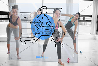 Women doing exercise with futuristic blue interface demonstration